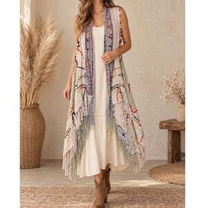 John Mark Boho Embroidered Fringe Vest Duster Paisley Sleeveless Small d5